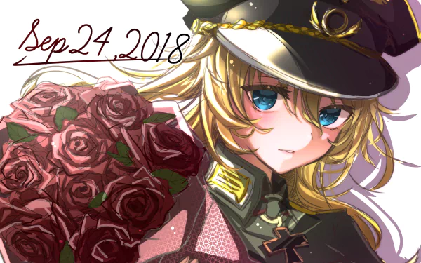 Tanya Degurechaff (The Saga of Tanya the Evil) — anime portrait in military hat and uniform, holding a bouquet of roses; vibrant 4K Ultra HD PC desktop wallpaper background.