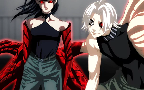 HD anime desktop wallpaper featuring Seidou Takizawa and Kurona Yasuhisa from Tokyo Ghoul:re, showcasing their kagune, heterochromia, and contrasting black and white hair.