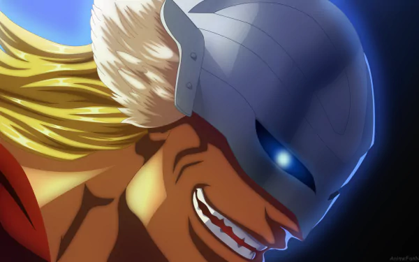 HD PC desktop wallpaper: Gerard Valkyrie from Bleach anime, close-up grinning with a glowing blue eye and metal helmet, golden hair spilling against a dark blue background.