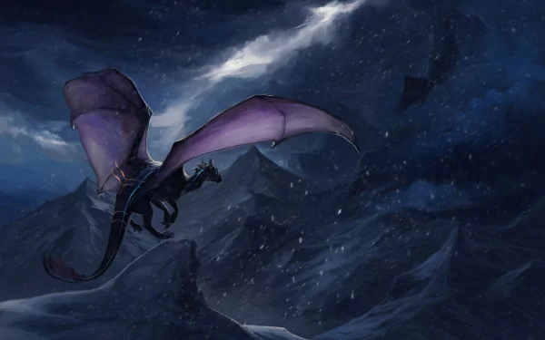 A majestic dragon soars over a snowy mountain landscape under a dark, stormy sky in this fantasy HD PC desktop wallpaper.