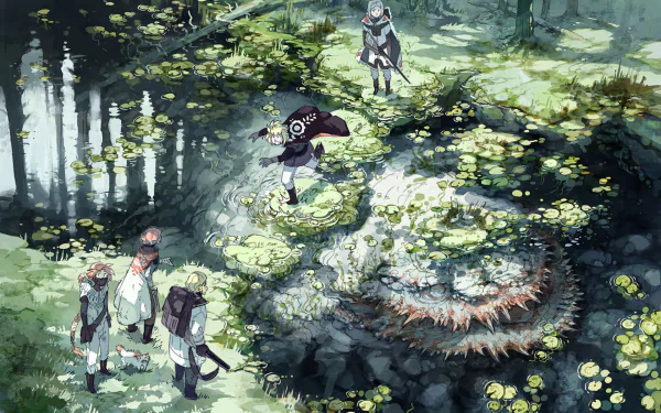 HD PC desktop wallpaper background — Stand Still Stay Silent comic: Ingrid Pedersen, Reynir Árnason, Emil & Siv Västerström and Lalli Hotakainen approach a mossy, giant forest creature.
