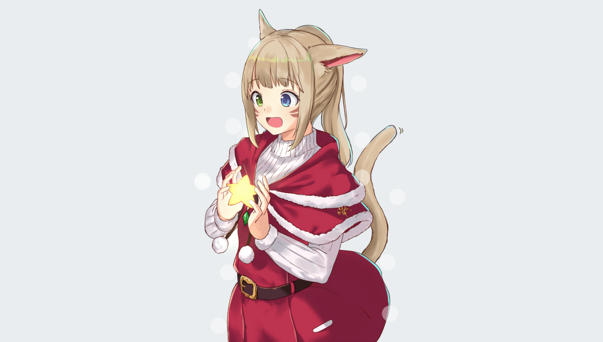 HD PC desktop wallpaper: cheerful Miqo'te from the video game Final Fantasy, wearing a red cloak and holding a glowing star, smiling with catlike ears and a tail on a pale background.