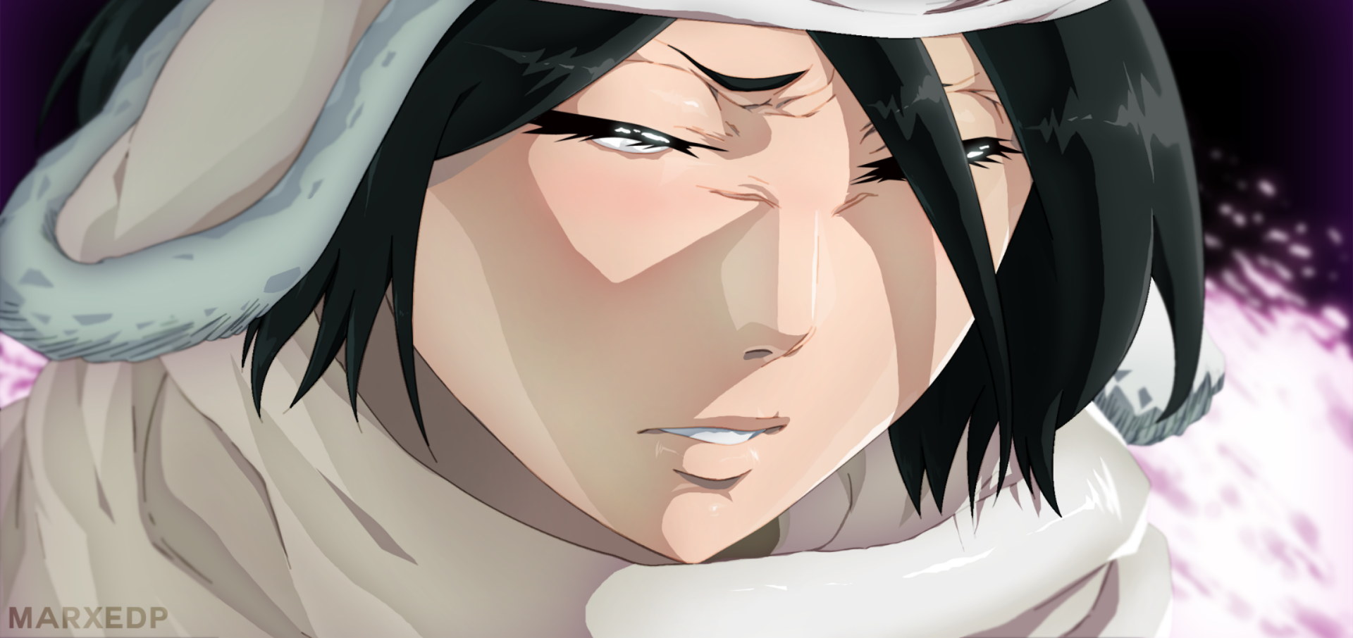 HD PC desktop wallpaper: close-up of Rukia Kuchiki (Anime, Bleach) in a white hooded scarf, tense, pained expression, soft shading and cool tones.