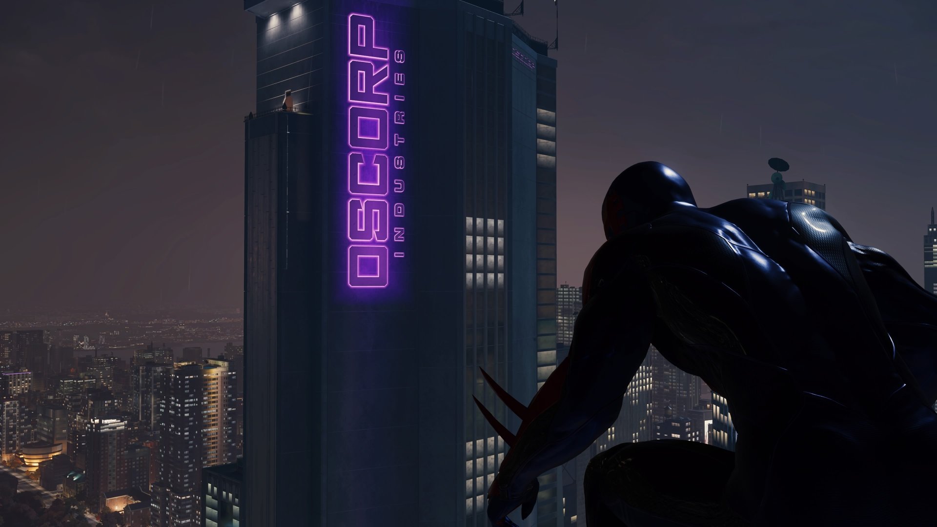 Spider-Man (PS4) in a black suit crouches on a rooftop at night, overlooking a neon-lit Oscorp tower — 4K Ultra HD PC desktop wallpaper from the video game.