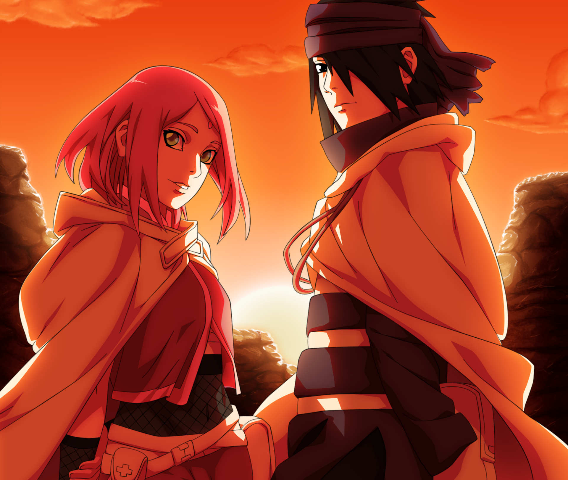 HD anime desktop wallpaper featuring Sasuke Uchiha and Sakura Haruno from Naruto against a fiery sunset backdrop.