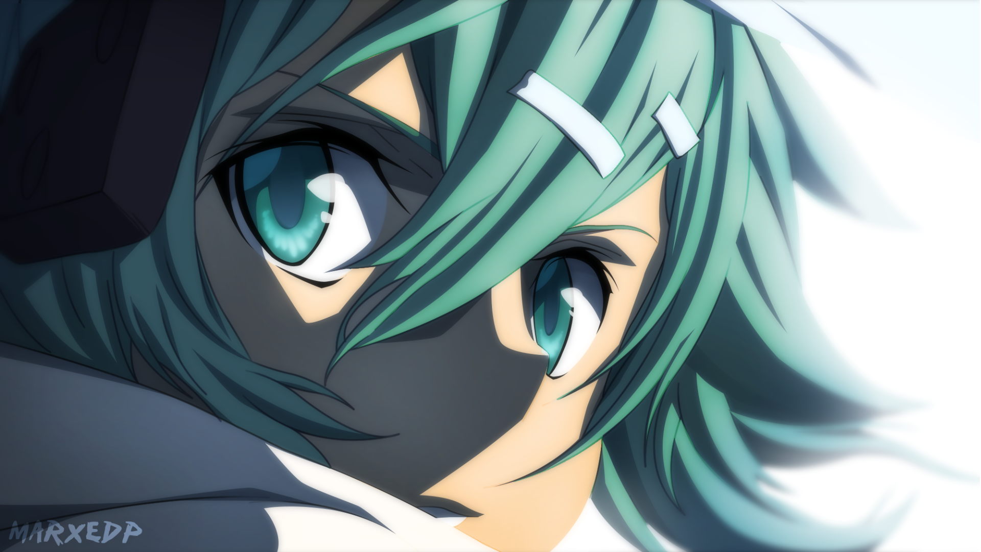 Close-up HD anime wallpaper of Shino Asada from Sword Art Online II, featuring vibrant teal hair and intense teal eyes with detailed shading.