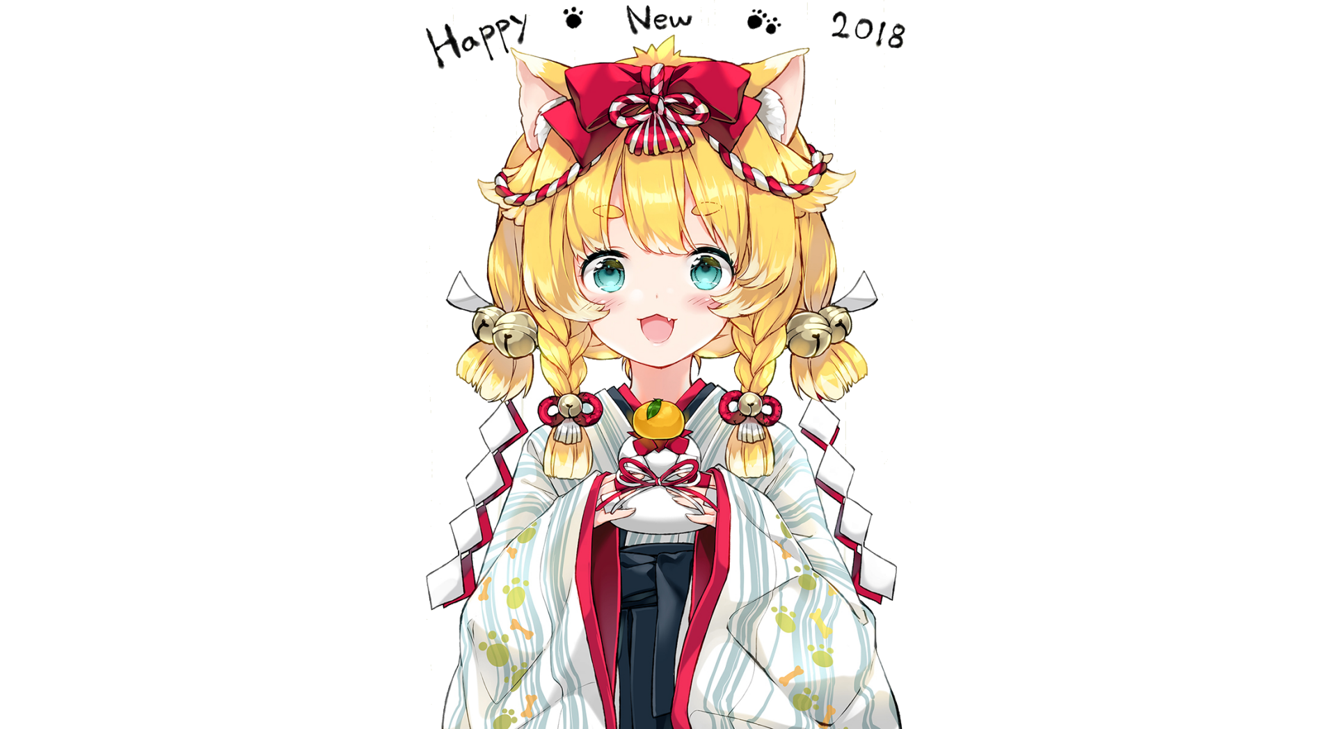 Anime-style original character with blonde braided hair, cat ears, and festive attire, set against a white background with Happy New 2018 text, designed as an HD PC desktop wallpaper.