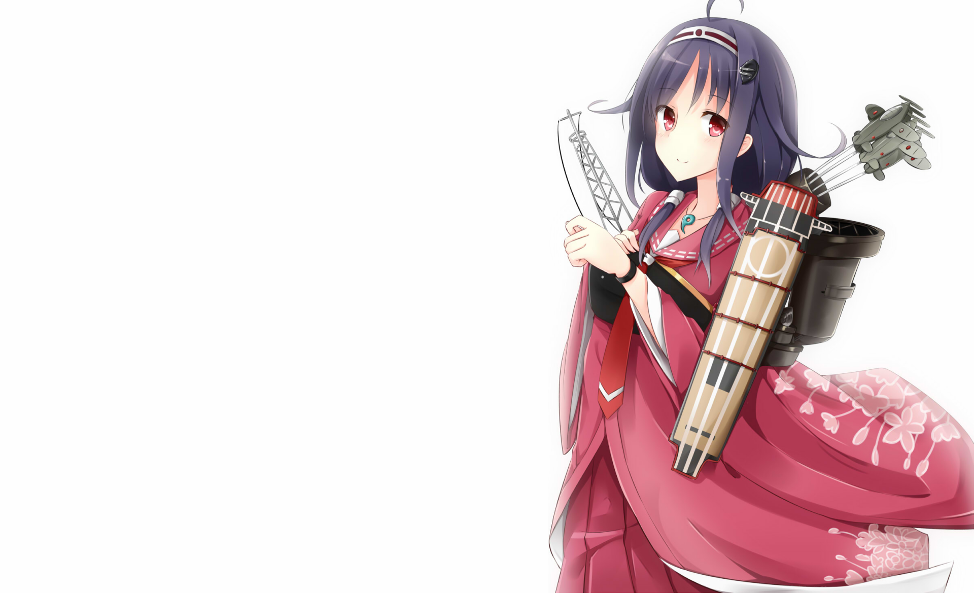 HD PC desktop wallpaper of Taigei (Kancolle) from Kantai Collection — anime girl in a pink kimono with ship rigging and torpedo tubes, standing at right on a white background.