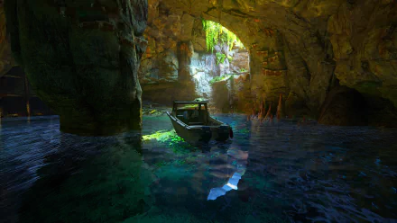 Uncharted 4: A Thief's End (video game) 4K Ultra HD PC desktop wallpaper — a small boat drifts on turquoise water inside a sunlit jungle cave beneath rocky arches.
