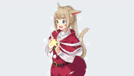 HD PC desktop wallpaper: cheerful Miqo'te from the video game Final Fantasy, wearing a red cloak and holding a glowing star, smiling with catlike ears and a tail on a pale background.