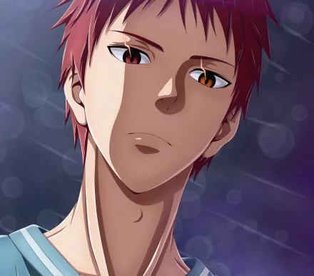 HD anime wallpaper featuring Seijūrō Akashi from Kuroko's Basketball with a close-up of his intense expression against a soft, dark background.