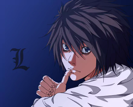 HD anime desktop wallpaper featuring L from Death Note with intense blue eyes and dark hair against a deep blue background, accented by a stylized L letter.
