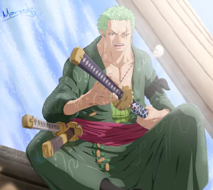 HD PC desktop wallpaper featuring Roronoa Zoro from the anime One Piece, shown seated with swords and a focused expression.