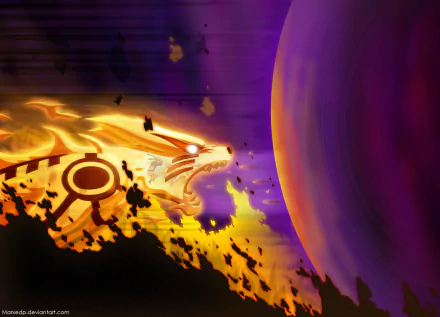 HD anime wallpaper featuring Kurama and Naruto Uzumaki from Naruto, with Kurama unleashing a fiery attack against a dark, glowing sphere.