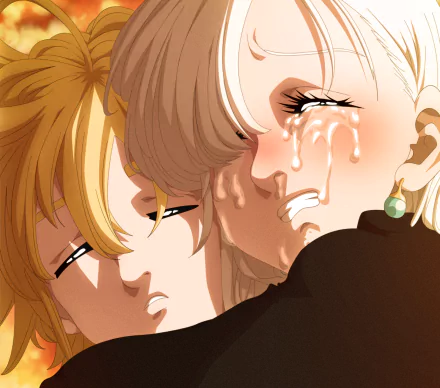 HD anime wallpaper featuring Elizabeth Liones and Meliodas from The Seven Deadly Sins, showing an emotional close-up moment between the characters.