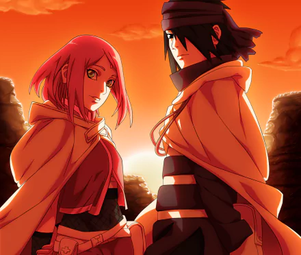 HD anime desktop wallpaper featuring Sasuke Uchiha and Sakura Haruno from Naruto against a fiery sunset backdrop.