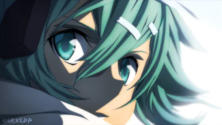 Close-up HD anime wallpaper of Shino Asada from Sword Art Online II, featuring vibrant teal hair and intense teal eyes with detailed shading.
