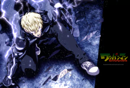 HD anime desktop wallpaper featuring Genos from One-Punch Man, depicted in dynamic action with electric effects and a dark, stormy background.