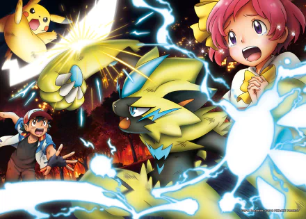 HD anime wallpaper featuring Zeraora, Pikachu, Ash Ketchum, and Largo from Pokémon The Movie: The Power of Us, surrounded by dynamic electric energy effects.