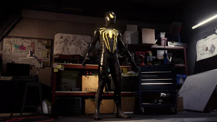 4K Ultra HD PC wallpaper: Spider-Man (PS4) in a black-and-gold suit stands in a dim workshop, the glowing spider emblem casting light across tools and boxes.