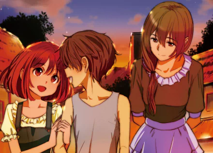 Anime-style HD desktop wallpaper featuring Cow Girl from Goblin Slayer with two companions, set against a warm, glowing sunset background.