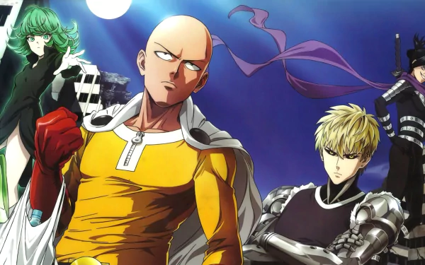 HD desktop wallpaper featuring characters from One-Punch Man: Saitama, Genos, Tatsumaki, and Sonic. The characters are posed against an evening backdrop with a moonlit sky.