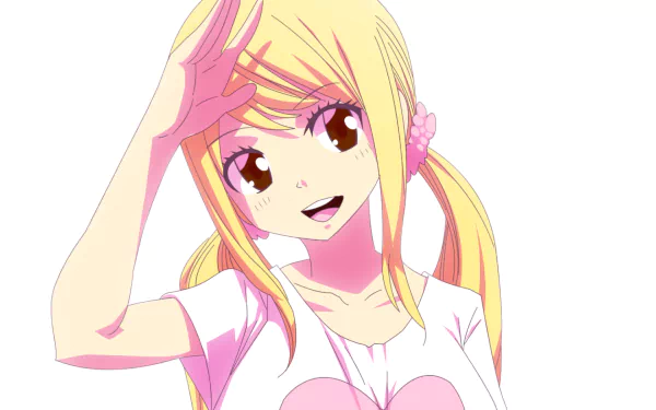 HD PC desktop wallpaper of Lucy Heartfilia from Fairy Tail — anime-style portrait of a smiling blonde with twin tails on a clean white background.