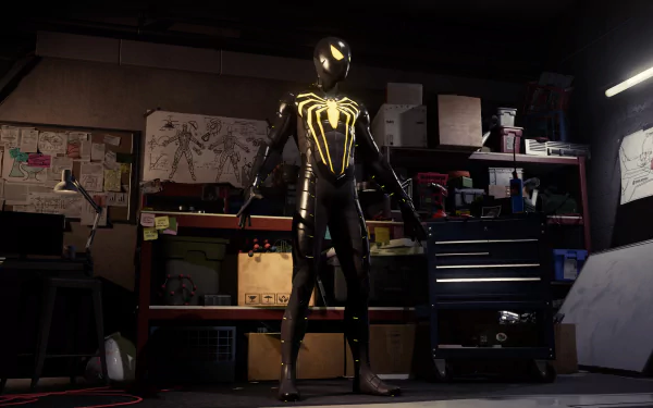 4K Ultra HD PC wallpaper: Spider-Man (PS4) in a black-and-gold suit stands in a dim workshop, the glowing spider emblem casting light across tools and boxes.