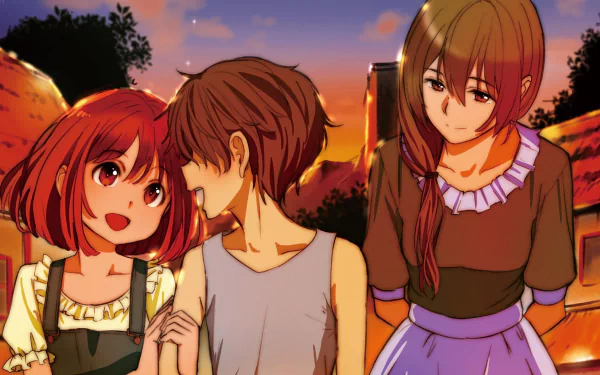 Anime-style HD desktop wallpaper featuring Cow Girl from Goblin Slayer with two companions, set against a warm, glowing sunset background.