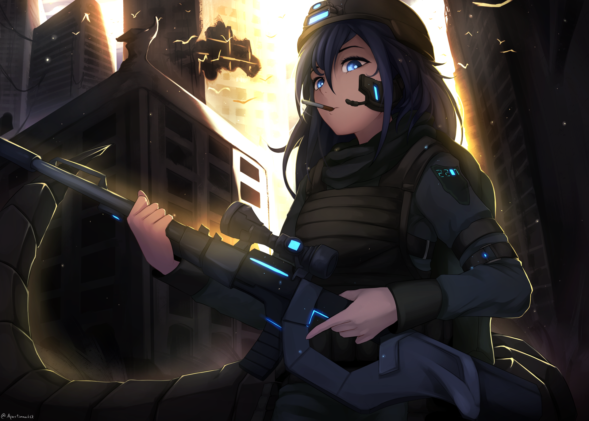 Anime-style original character with black hair and blue eyes, holding a sniper rifle against a dark, futuristic urban backdrop in HD.