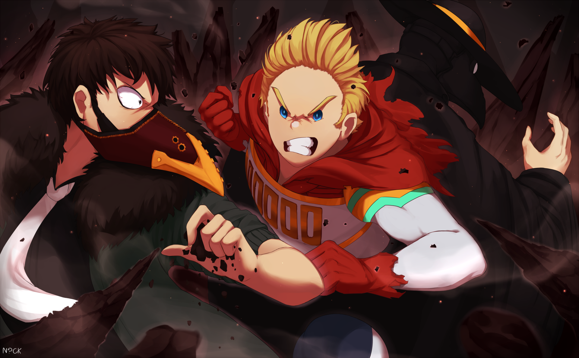 HD desktop wallpaper of My Hero Academia: Overhaul (Kai Chisaki) and Mirio Togata clash in a dynamic battle—Mirio lunges forward while Overhaul, masked, summons dark, tendril-like energy.