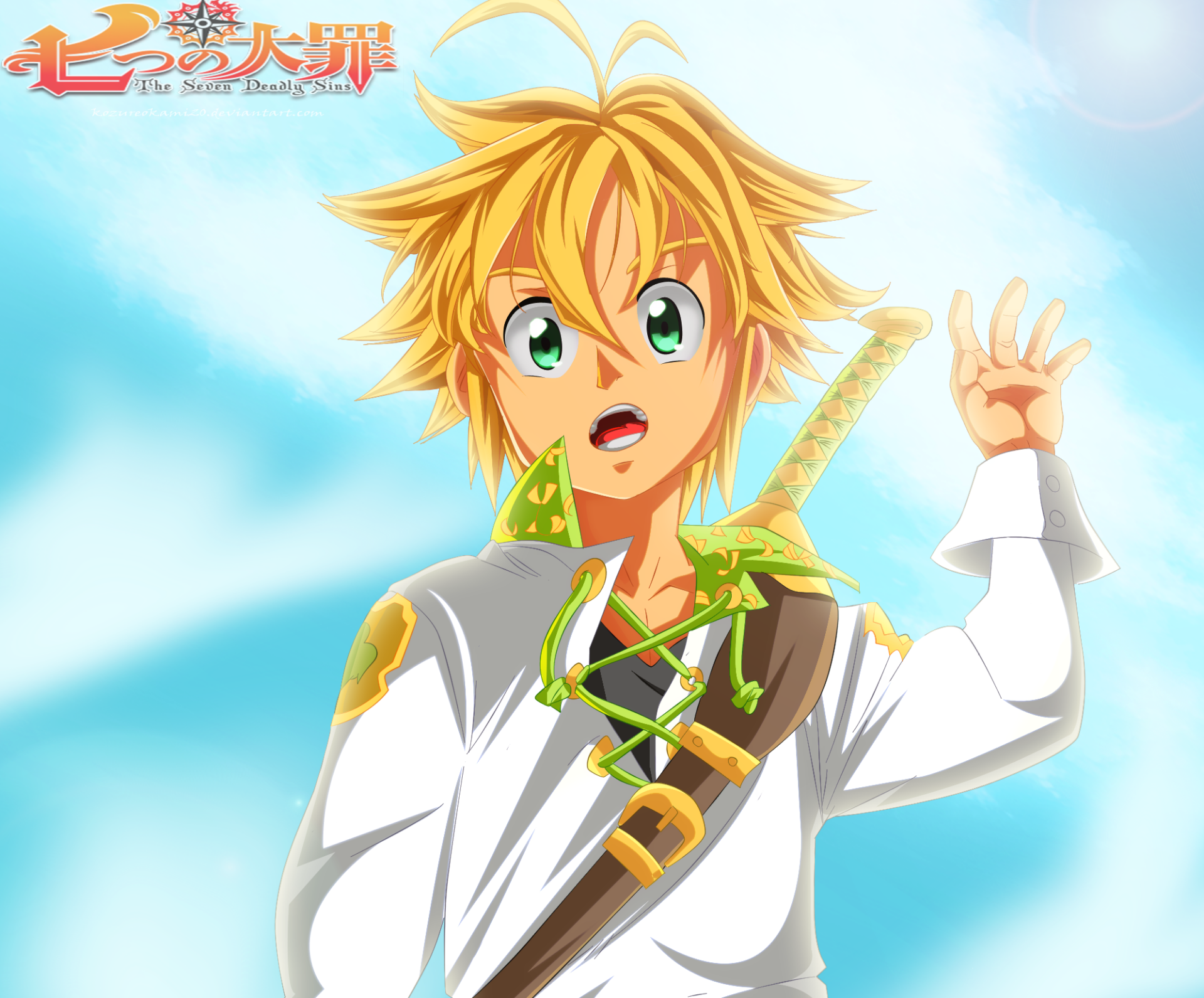 HD anime desktop wallpaper featuring Meliodas from The Seven Deadly Sins with a bright sky background.