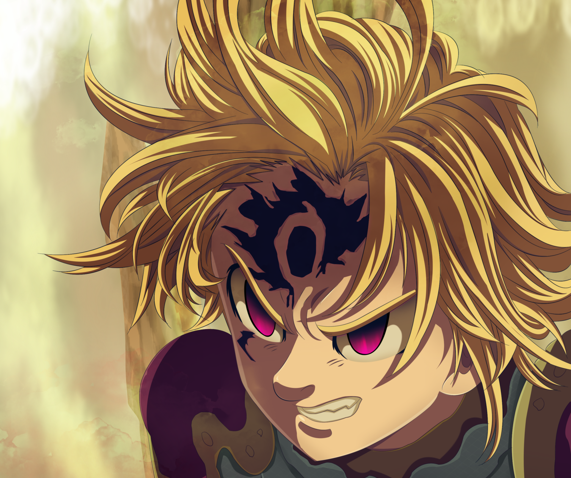 Meliodas (The Seven Deadly Sins) close-up with demon mark and glowing eyes and a fierce grin — anime HD PC desktop wallpaper and background.