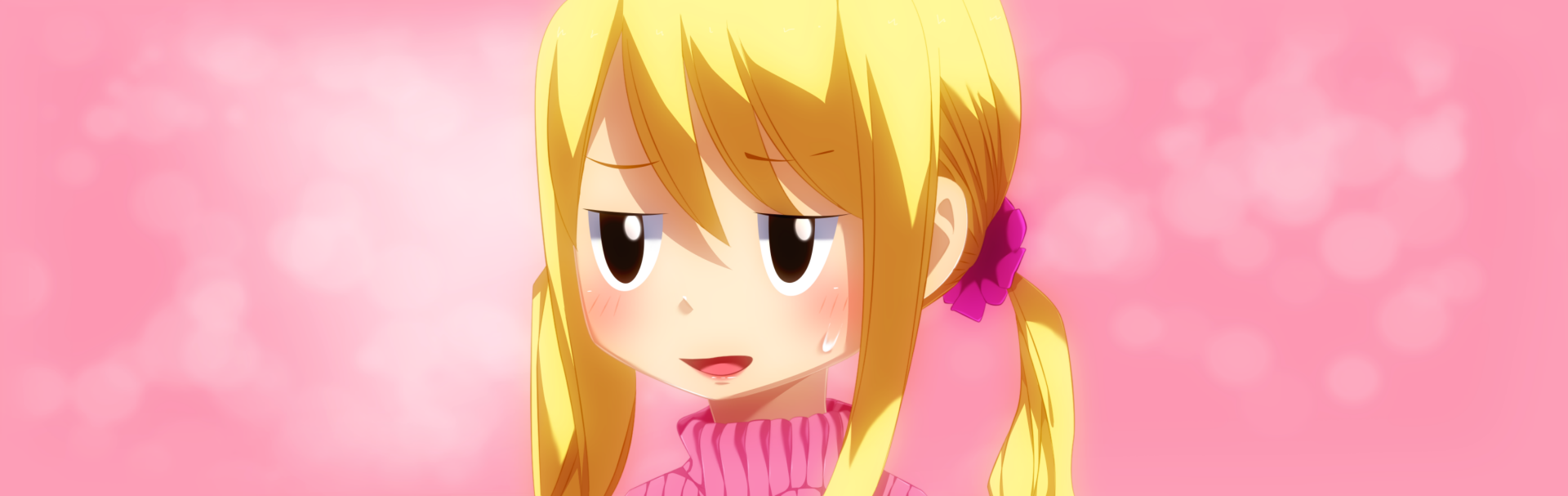 HD anime wallpaper featuring Lucy Heartfilia from Fairy Tail with a pink background and a shy expression.