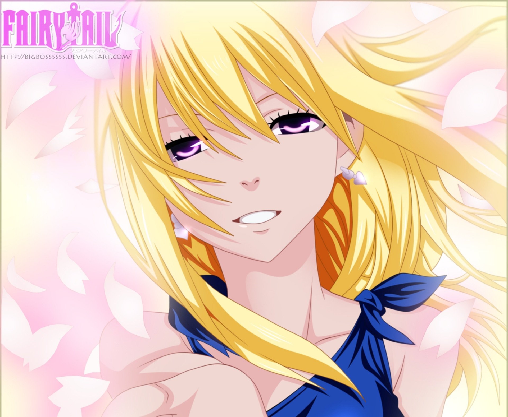 HD PC desktop wallpaper of Lucy Heartfilia (Fairy Tail): close-up anime portrait with flowing blonde hair, violet eyes, soft smile and pink petals drifting around her.