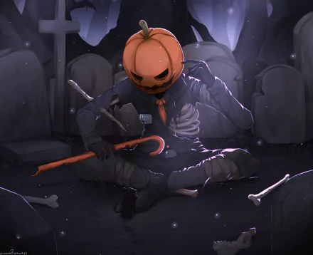 An HD desktop wallpaper and background featuring an anime-style skeleton with a pumpkin head, seated in a spooky graveyard, surrounded by bones, embodying a Halloween theme.