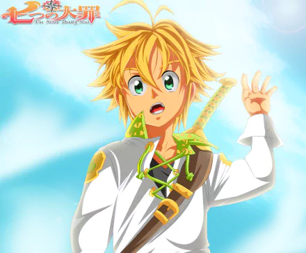 HD anime desktop wallpaper featuring Meliodas from The Seven Deadly Sins with a bright sky background.