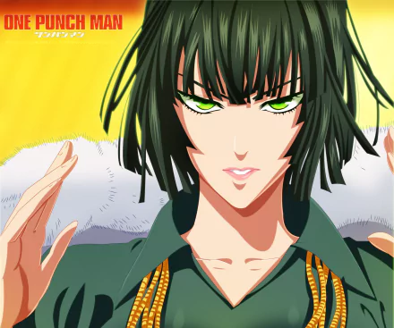 HD PC desktop wallpaper featuring Fubuki from the anime One-Punch Man, showcasing her intense gaze and signature green eyes against a bright yellow background.