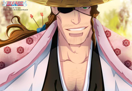 HD PC desktop wallpaper: Shunsui Kyōraku (Bleach) — anime close-up of the smiling captain in a straw hat and eyepatch, wearing a floral kimono against a warm, blurred background.