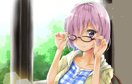 Anime Mashu Kyrielight (Fate/Grand Order) smiling, pink hair and purple eyes, adjusting her glasses against a bright HD PC desktop wallpaper background.