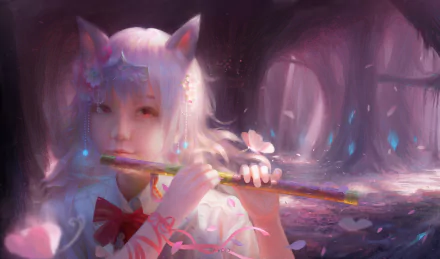 Anime original 4K Ultra HD PC desktop wallpaper: white-haired girl with animal ears playing a flute in a glowing pink-purple forest, soft light and drifting petals.