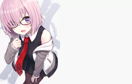 Anime HD wallpaper of Mashu Kyrielight from Fate/Grand Order, featuring her short pink hair, purple eyes, and casual attire with a red tie.