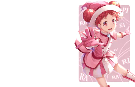 Anime character from Ojamajo Doremi with short orange hair, orange eyes, and a cheerful smile, wearing a skirt and a festive outfit on a pink patterned background.