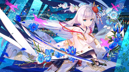 HD desktop wallpaper featuring Shoukaku from Azur Lane, depicted with a sword amidst a vibrant, floral backdrop.