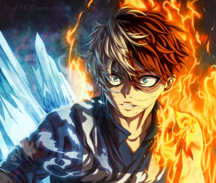 HD PC desktop wallpaper featuring Shoto Todoroki from My Hero Academia, showcasing his dual ice and fire powers in vibrant anime style.