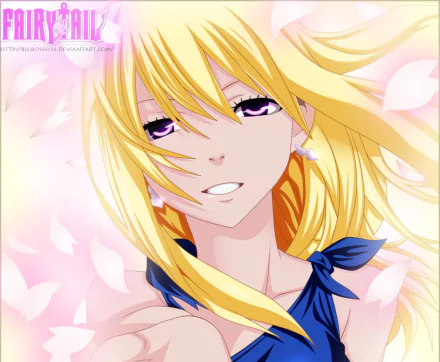 HD PC desktop wallpaper of Lucy Heartfilia (Fairy Tail): close-up anime portrait with flowing blonde hair, violet eyes, soft smile and pink petals drifting around her.