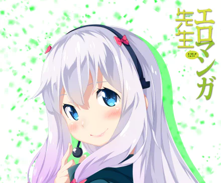 HD PC desktop wallpaper featuring Sagiri Izumi from the anime EroManga-Sensei, showcasing her with white hair, blue eyes, and a gentle smile against a green background.