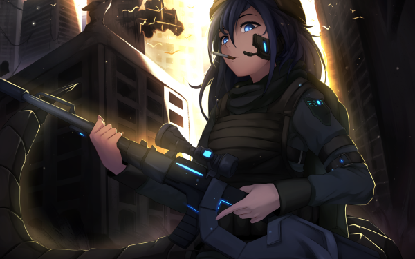 Anime Original Rifle Sniper Black Hair Blue Eyes HD Wallpaper | Background Image