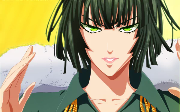 HD PC desktop wallpaper featuring Fubuki from the anime One-Punch Man, showcasing her intense gaze and signature green eyes against a bright yellow background.