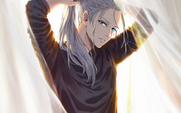 Victor Nikiforov from Yuri!!! on ICE is depicted in a 4K Ultra HD anime-style wallpaper, adjusting his silver hair with a soft, glowing background.
